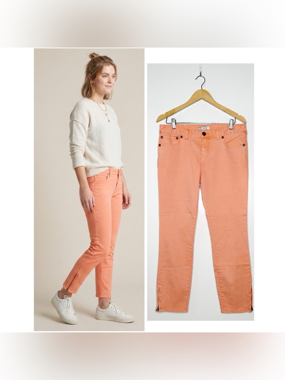 Free People Orange Coral Zipper Ankle Mid Rise Jeans Womens Size 31